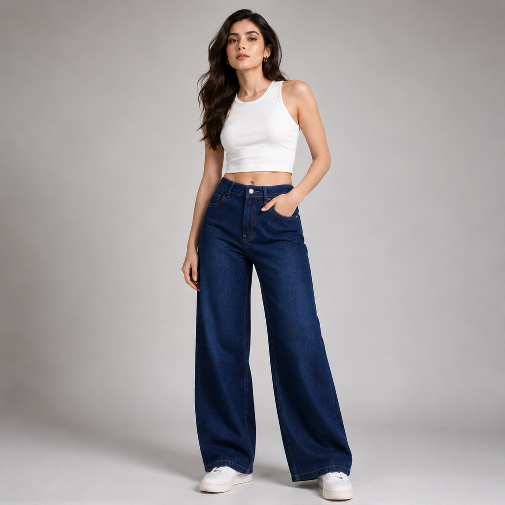 High Rise Wide Leg Denim Jeans – Dark Indigo Blue (Pack Of 2 Jeans)