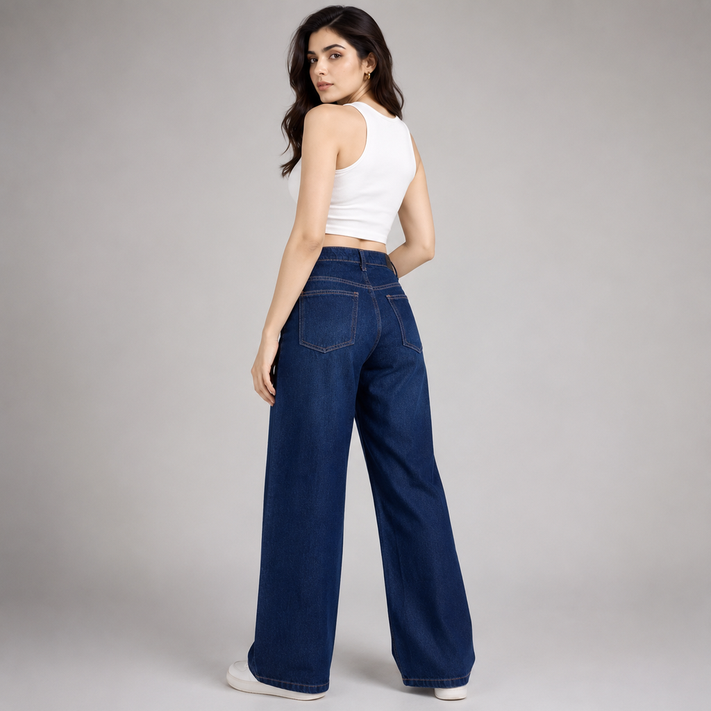 High Rise Wide Leg Denim Jeans – Dark Indigo Blue (Pack Of 2 Jeans)