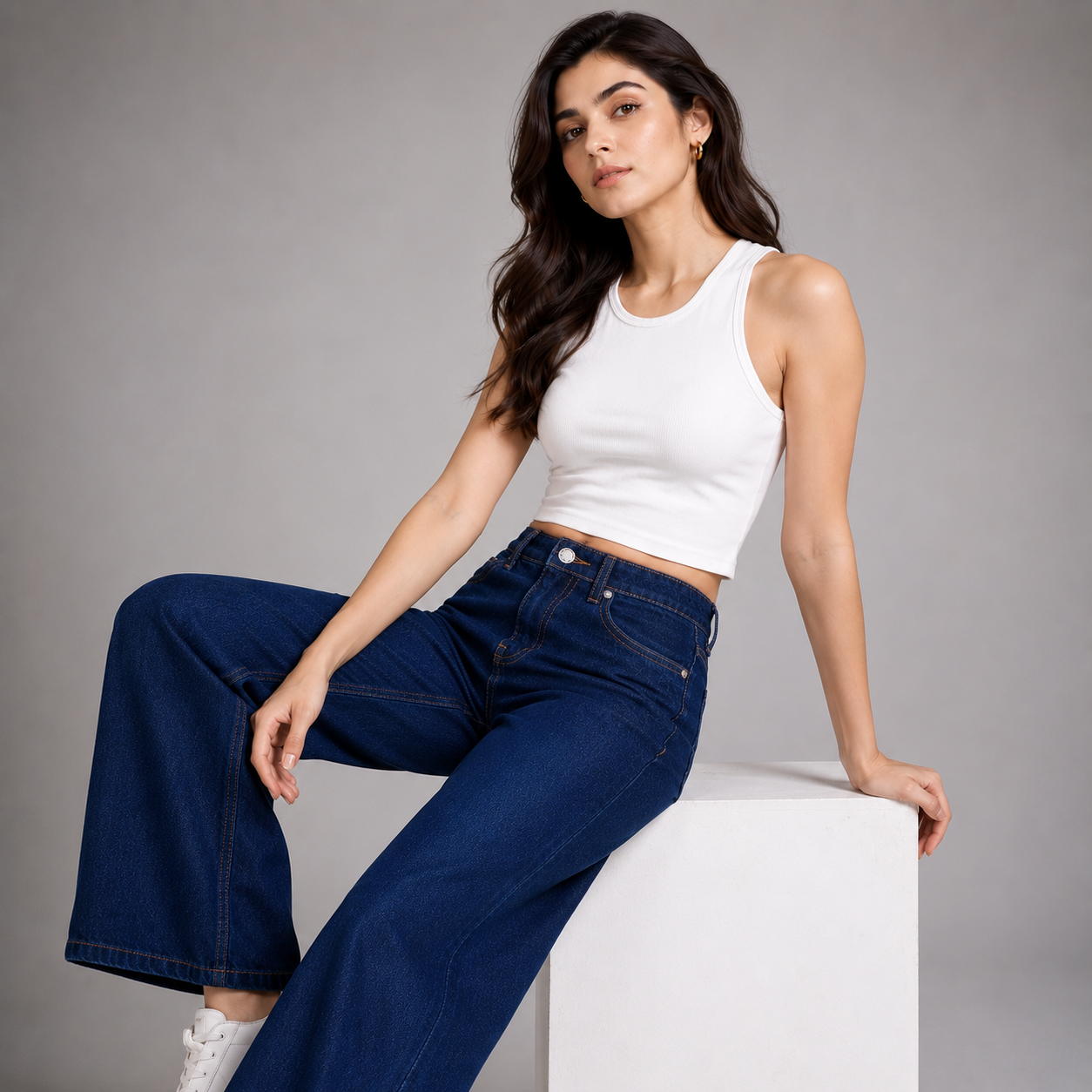 High Rise Wide Leg Denim Jeans – Dark Indigo Blue (Pack Of 2 Jeans)