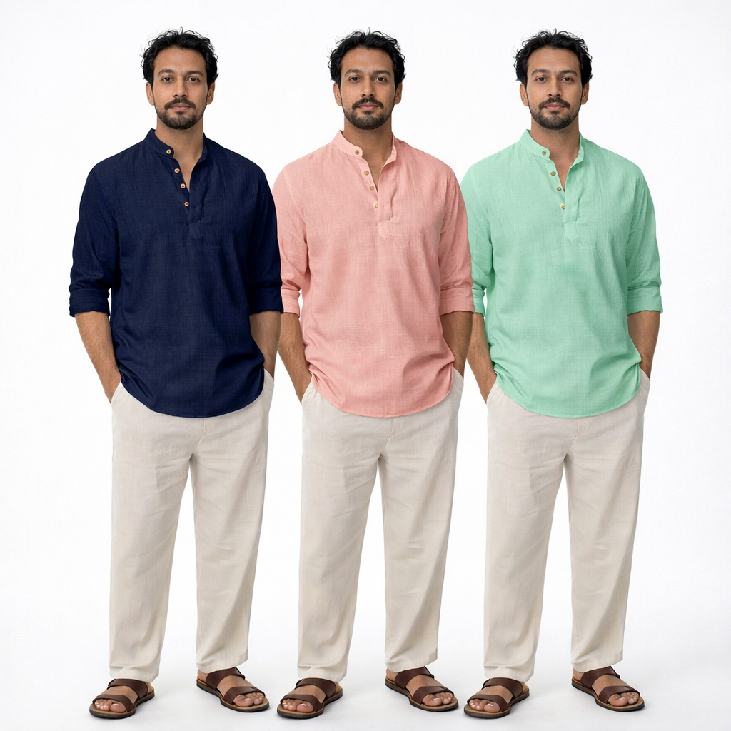 LinenCotton™ Men Cotton Short Kurtas (Pack Of 3 Kurtas)